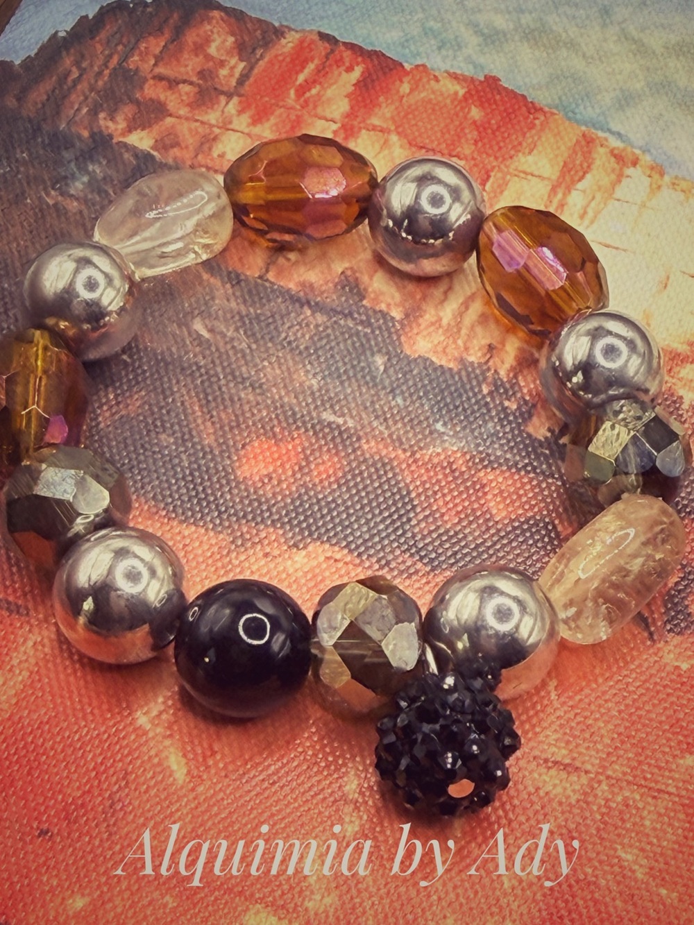 Alquimia Amber, Silver & Black Mixed-Bead Stretch Bracelet